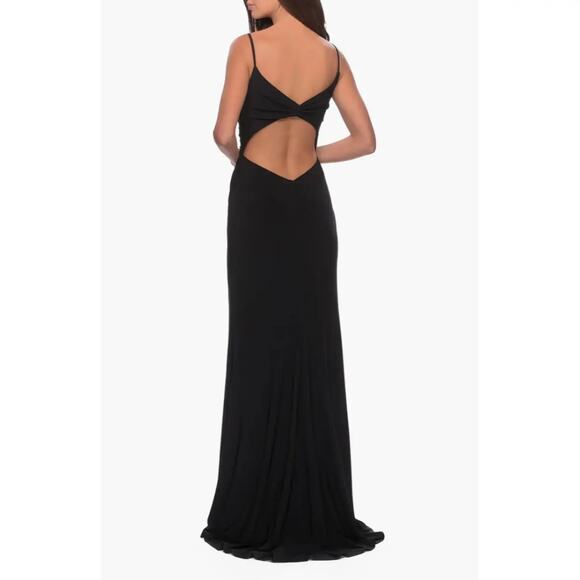 LA FEMME Black Ruched Cutout Back Jersey Trumpet Slit Gown Dress Size 8z - Picture 2 of 10